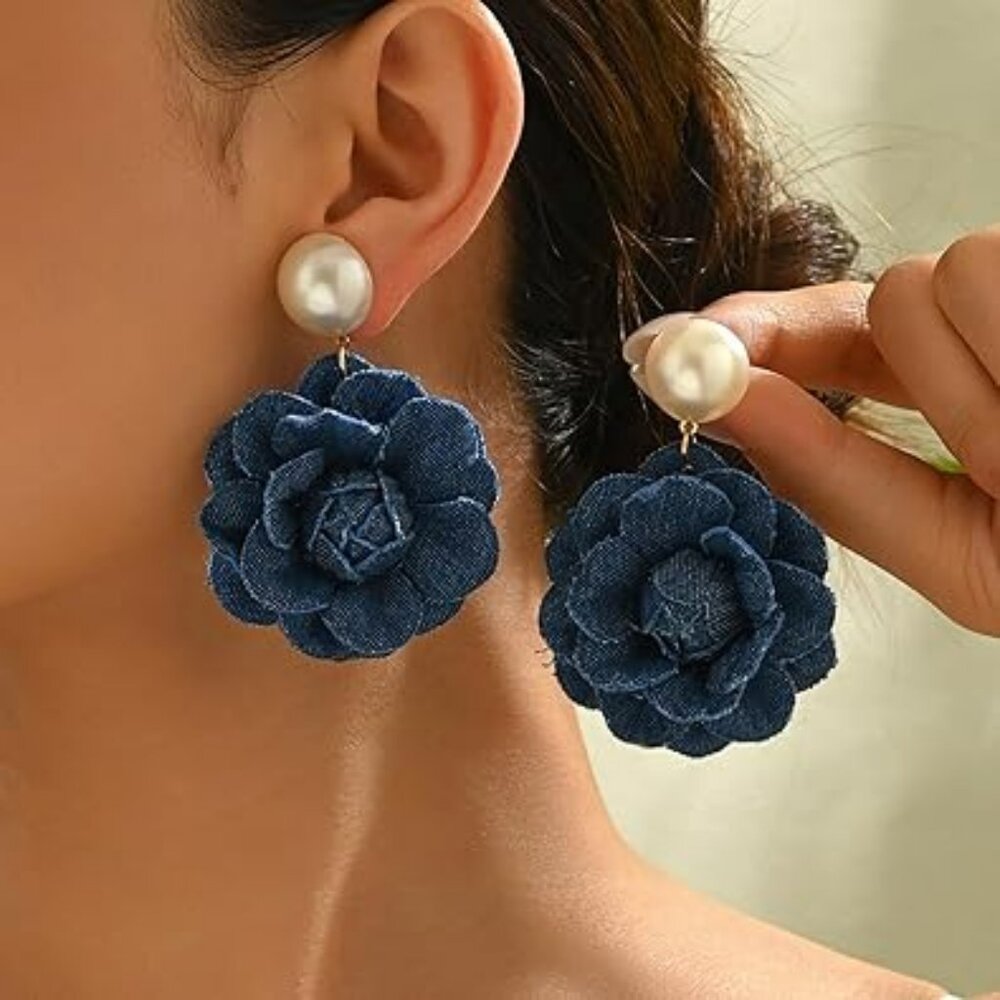 Denim Flower Earrings with‎ Pearl Drop Statement Earrings